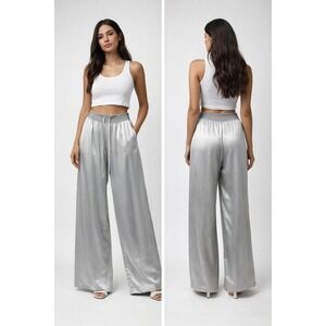 PJ Harlow Jolie Satin Lounge Pants Silver Gray Women XL Wide Leg Quiet Luxury